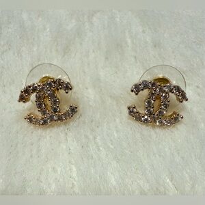 Crystal CC Style Stud Earrings Goldtone